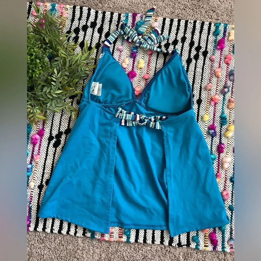 Lucky Brand Solid Turquoise Stripe Fringe Boho Accents Halter Tankini Swim Top S